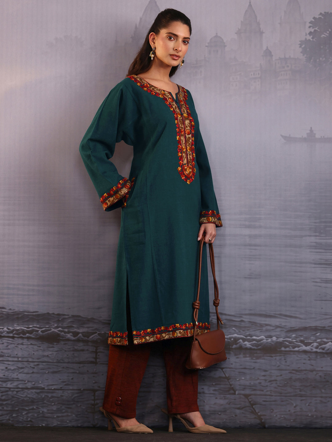 Libas Green Floral Embroidered Woolen Straight Kurta