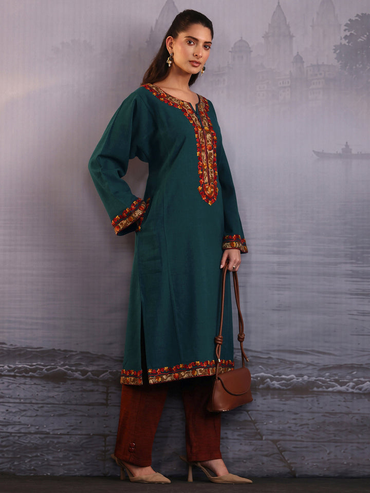 Libas Green Floral Embroidered Woolen Straight Kurta