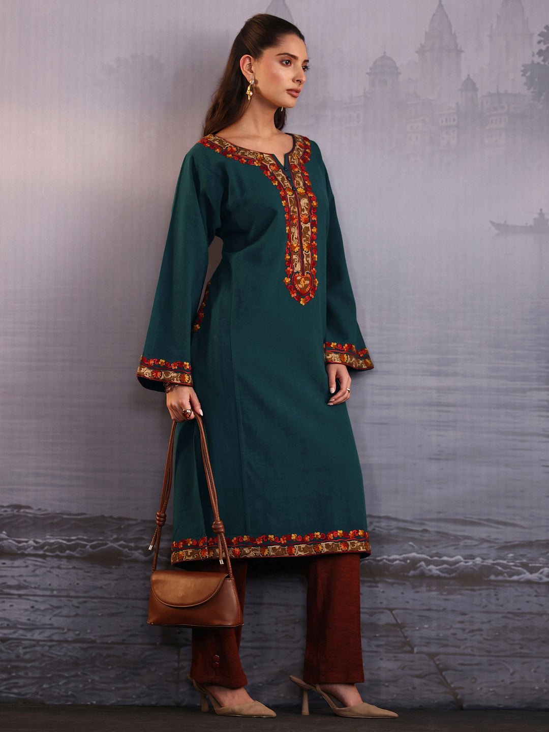 Libas Green Floral Embroidered Woolen Straight Kurta