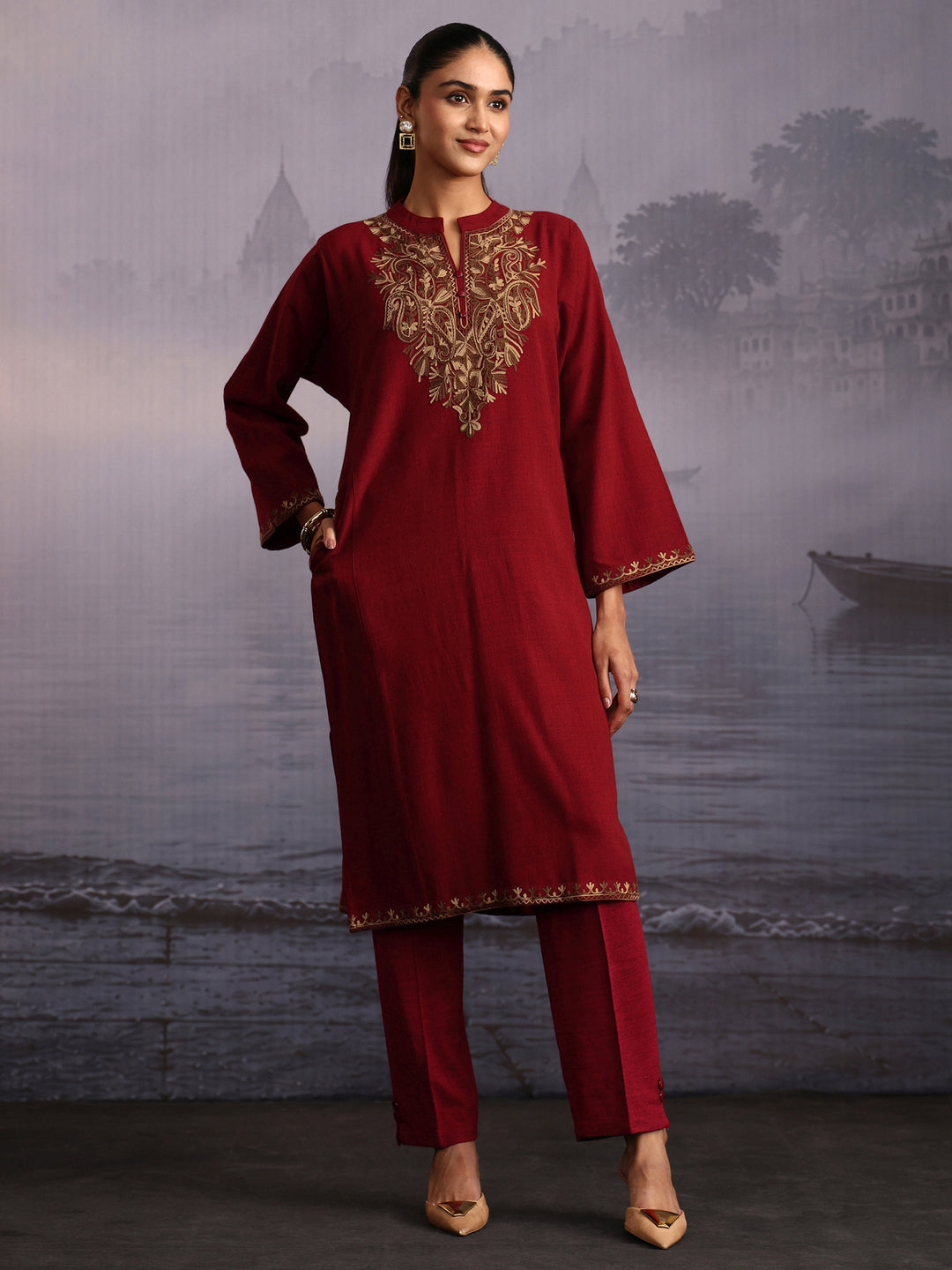 Libas Maroon Paisley Embroidered Woolen Straight Kurta