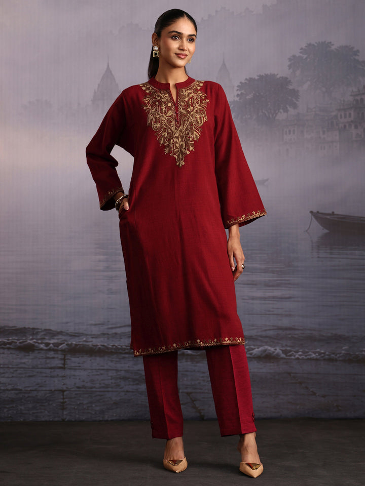 Libas Maroon Paisley Embroidered Woolen Straight Kurta