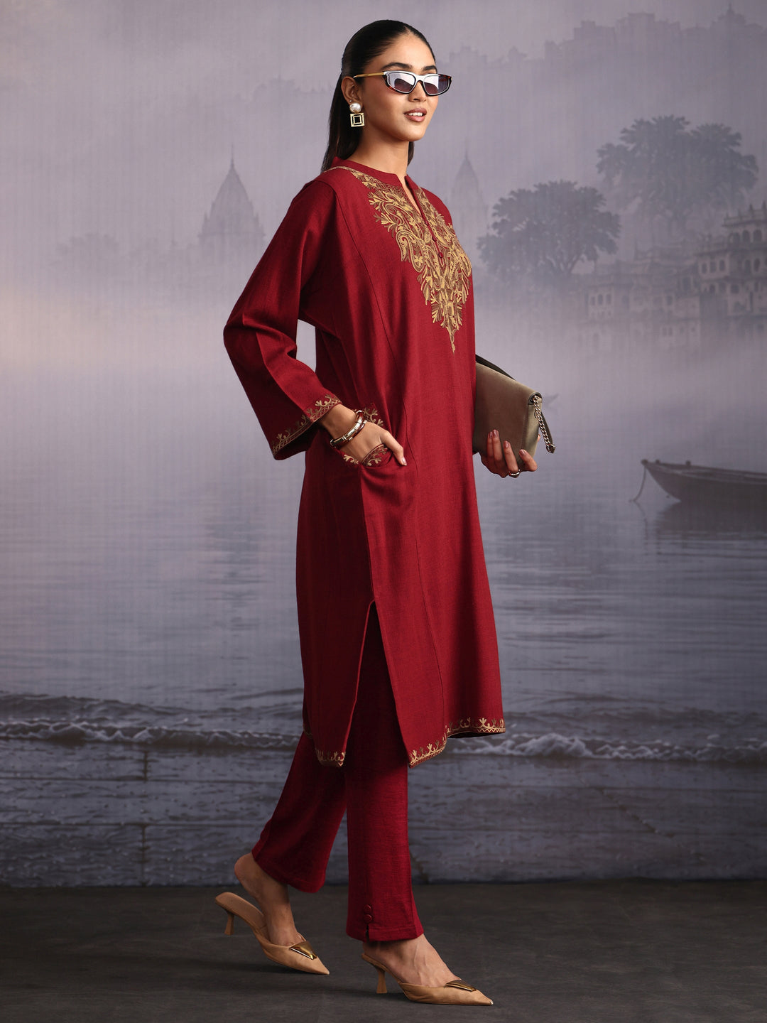 Libas Maroon Paisley Embroidered Woolen Straight Kurta