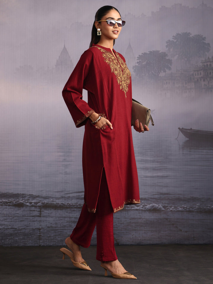 Libas Maroon Paisley Embroidered Woolen Straight Kurta