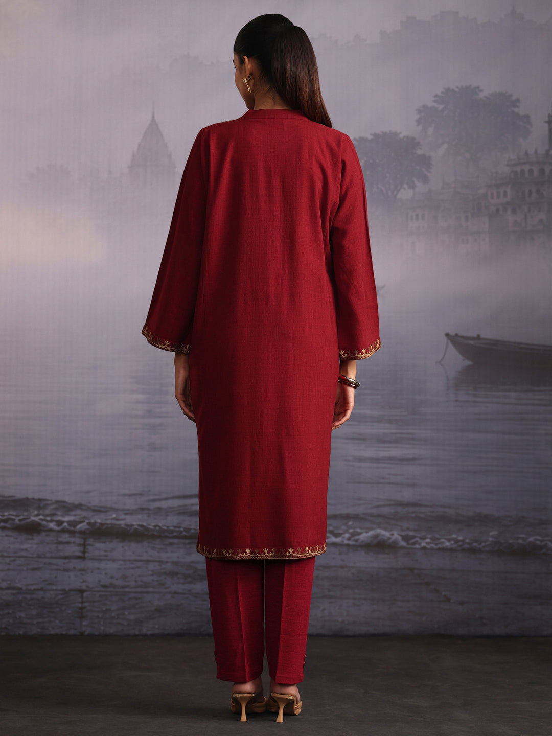 Libas Maroon Paisley Embroidered Woolen Straight Kurta