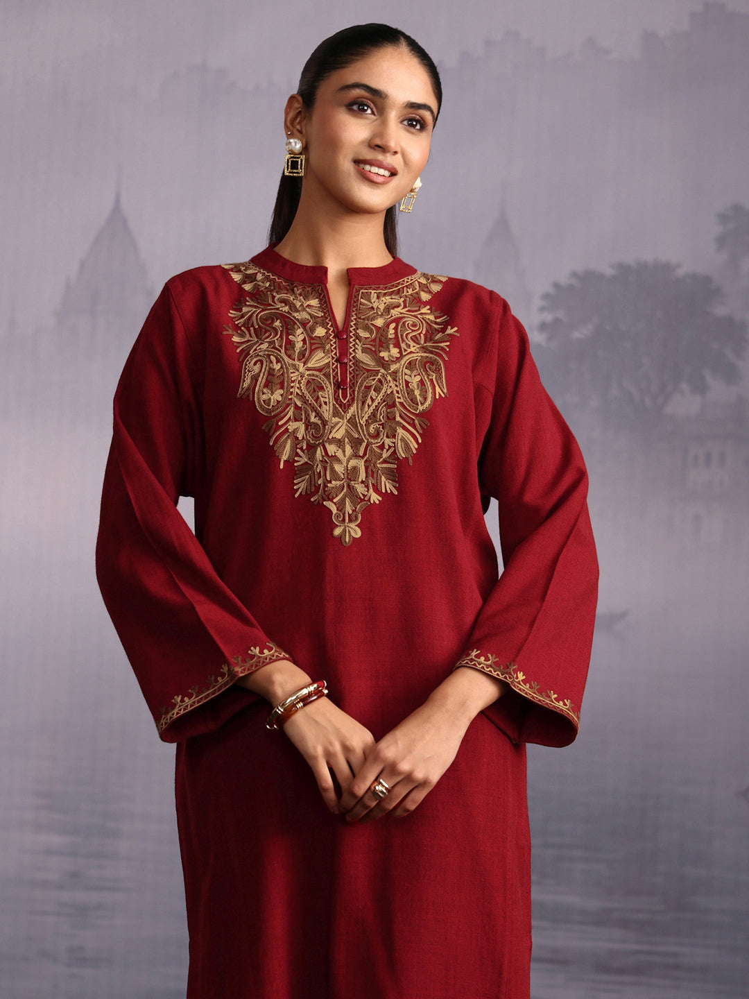 Libas Maroon Paisley Embroidered Woolen Straight Kurta