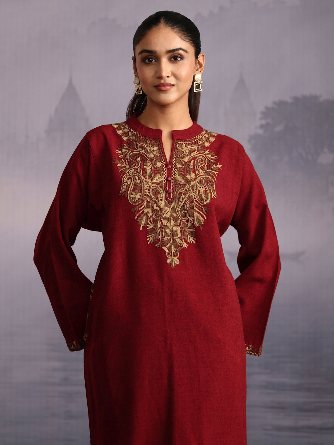Libas Maroon Paisley Embroidered Woolen Straight Kurta