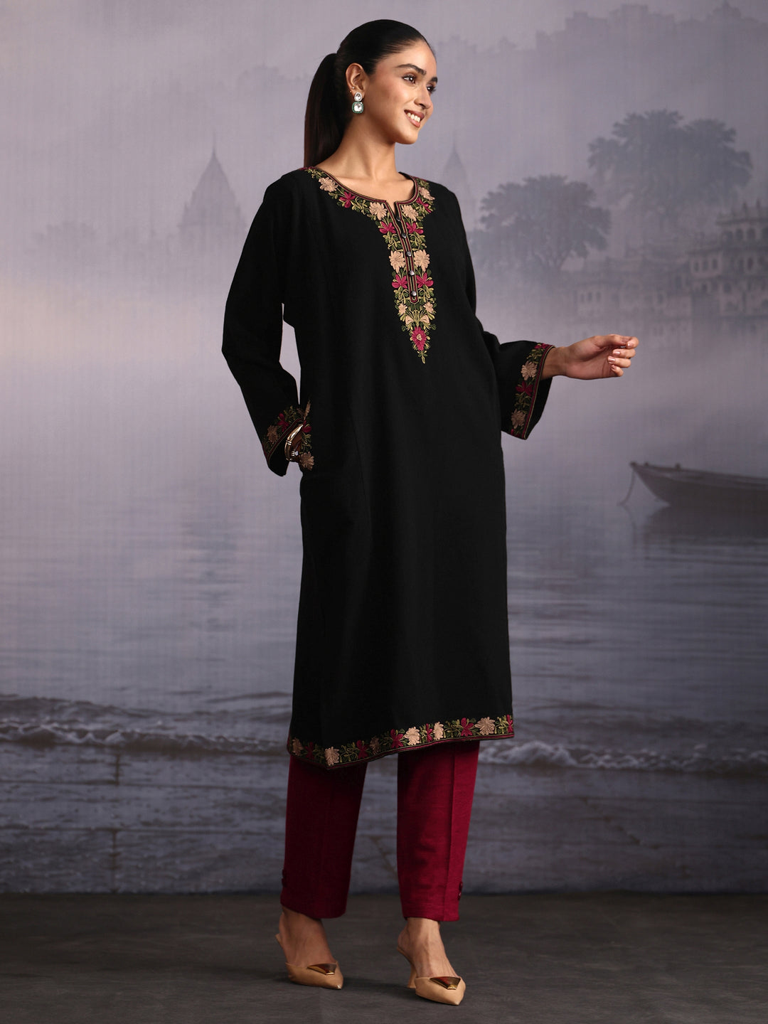 Libas Black Floral Embroidered Woolen Straight Kurta