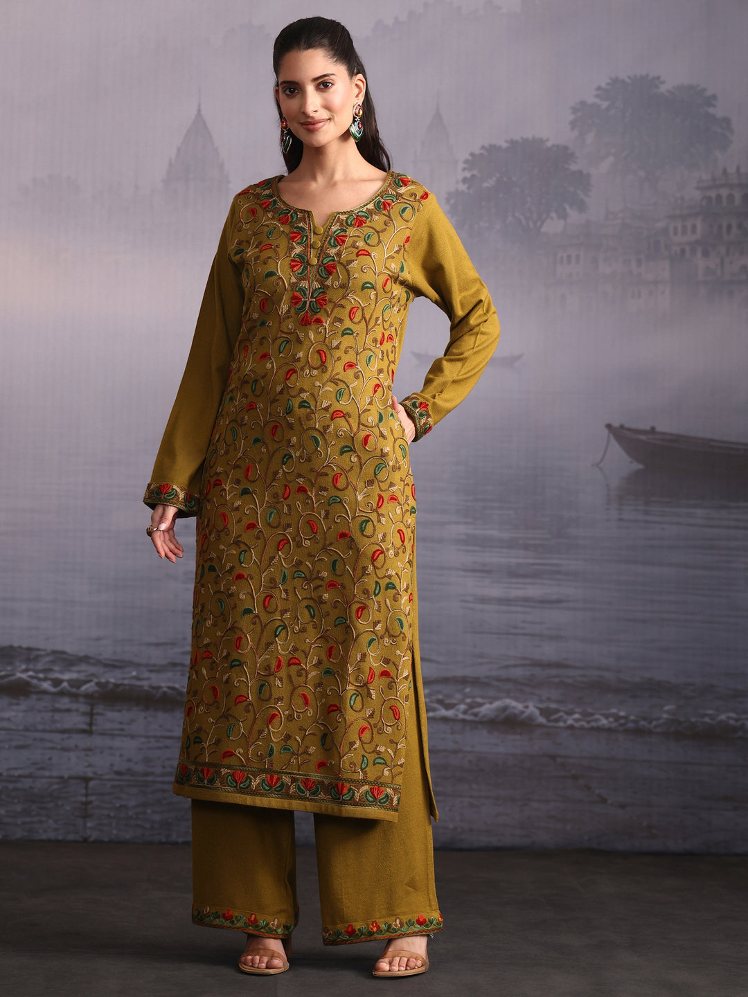 Libas Henna Green Floral Embroidered Woolen Straight Kurta