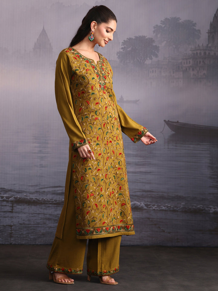 Libas Henna Green Floral Embroidered Woolen Straight Kurta