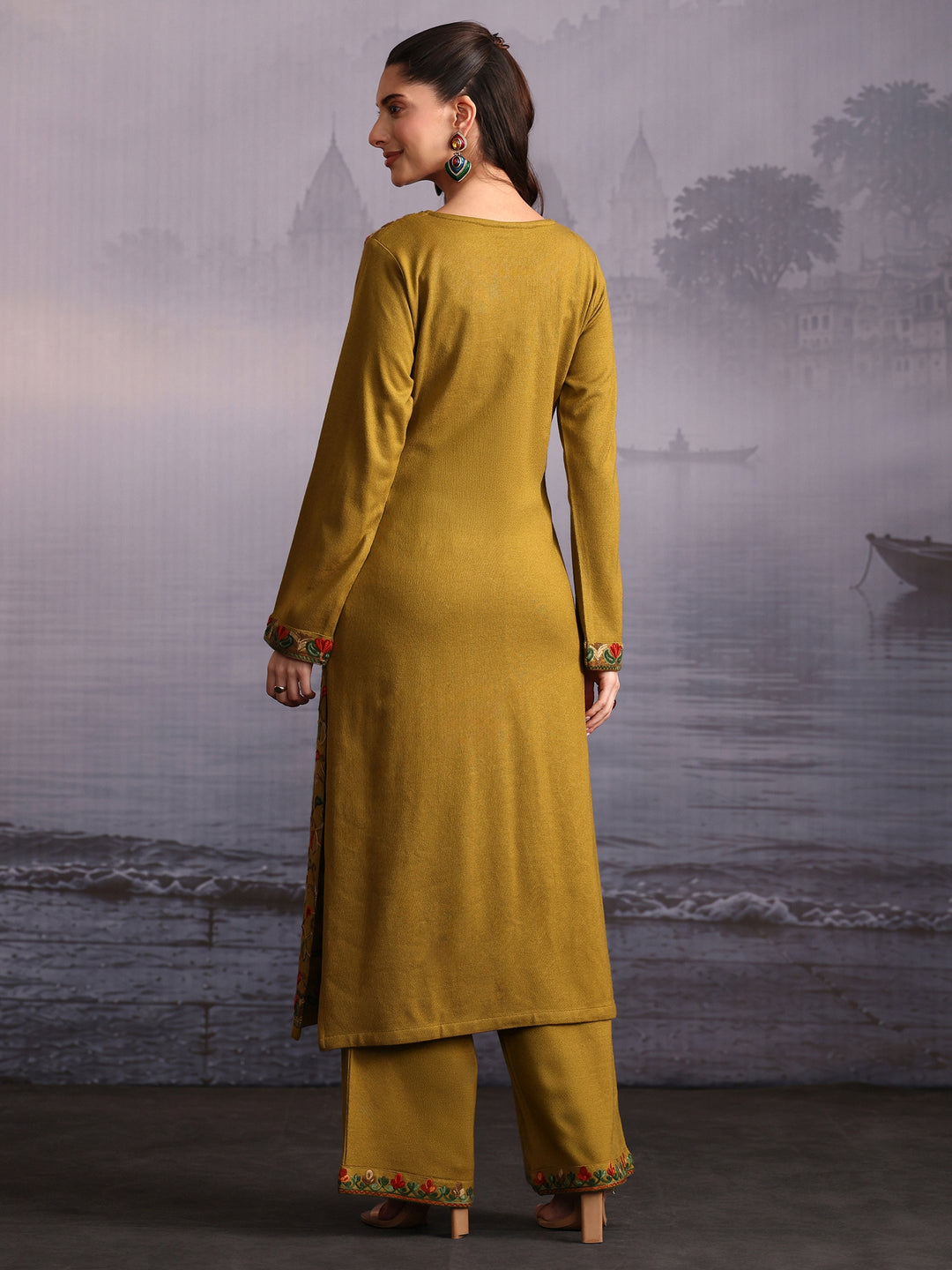 Libas Henna Green Floral Embroidered Woolen Straight Kurta