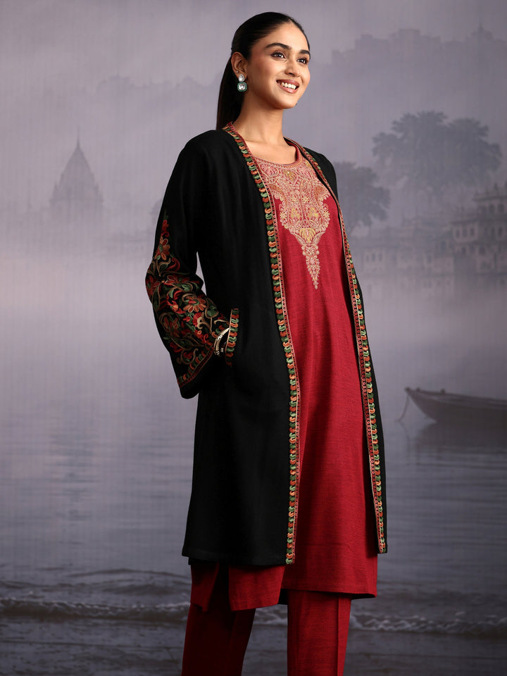 Libas Black Floral Embroidered Woolen Shrug with Pockets