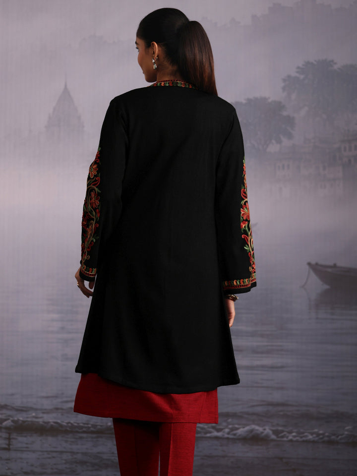 Libas Black Floral Embroidered Woolen Shrug with Pockets