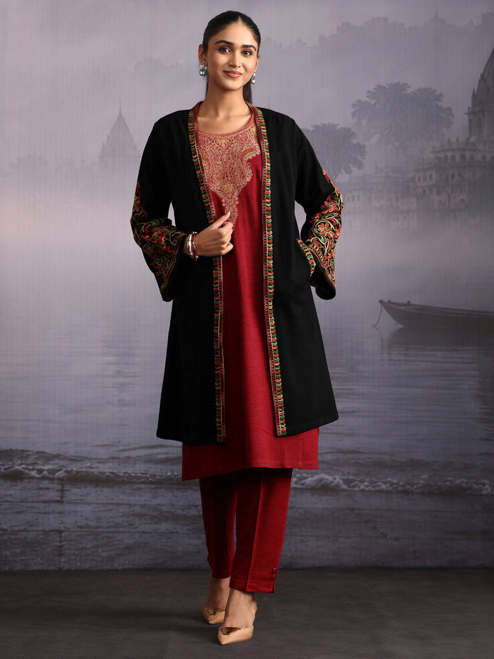 Libas Black Floral Embroidered Woolen Shrug with Pockets