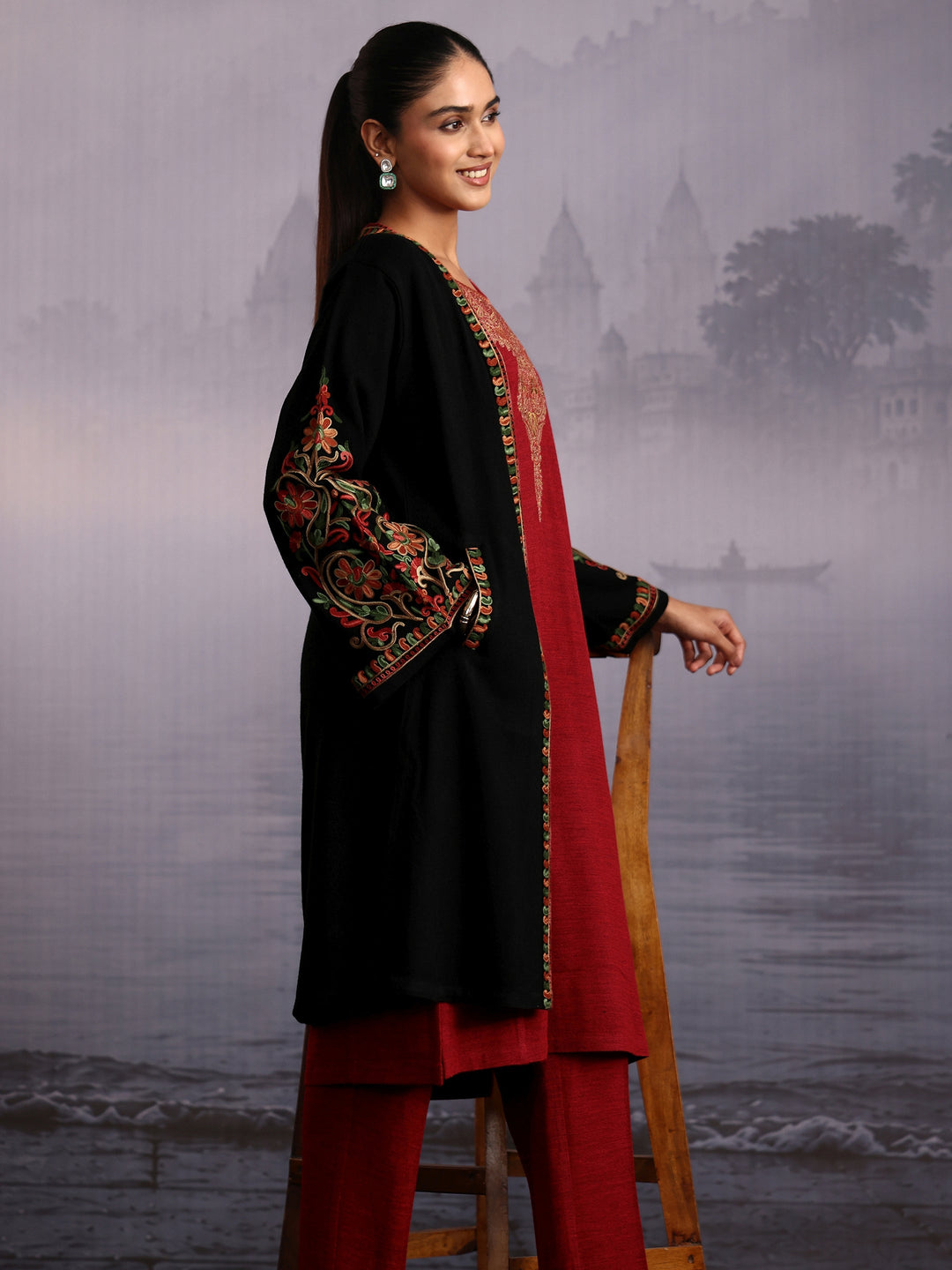 Libas Black Floral Embroidered Woolen Shrug with Pockets