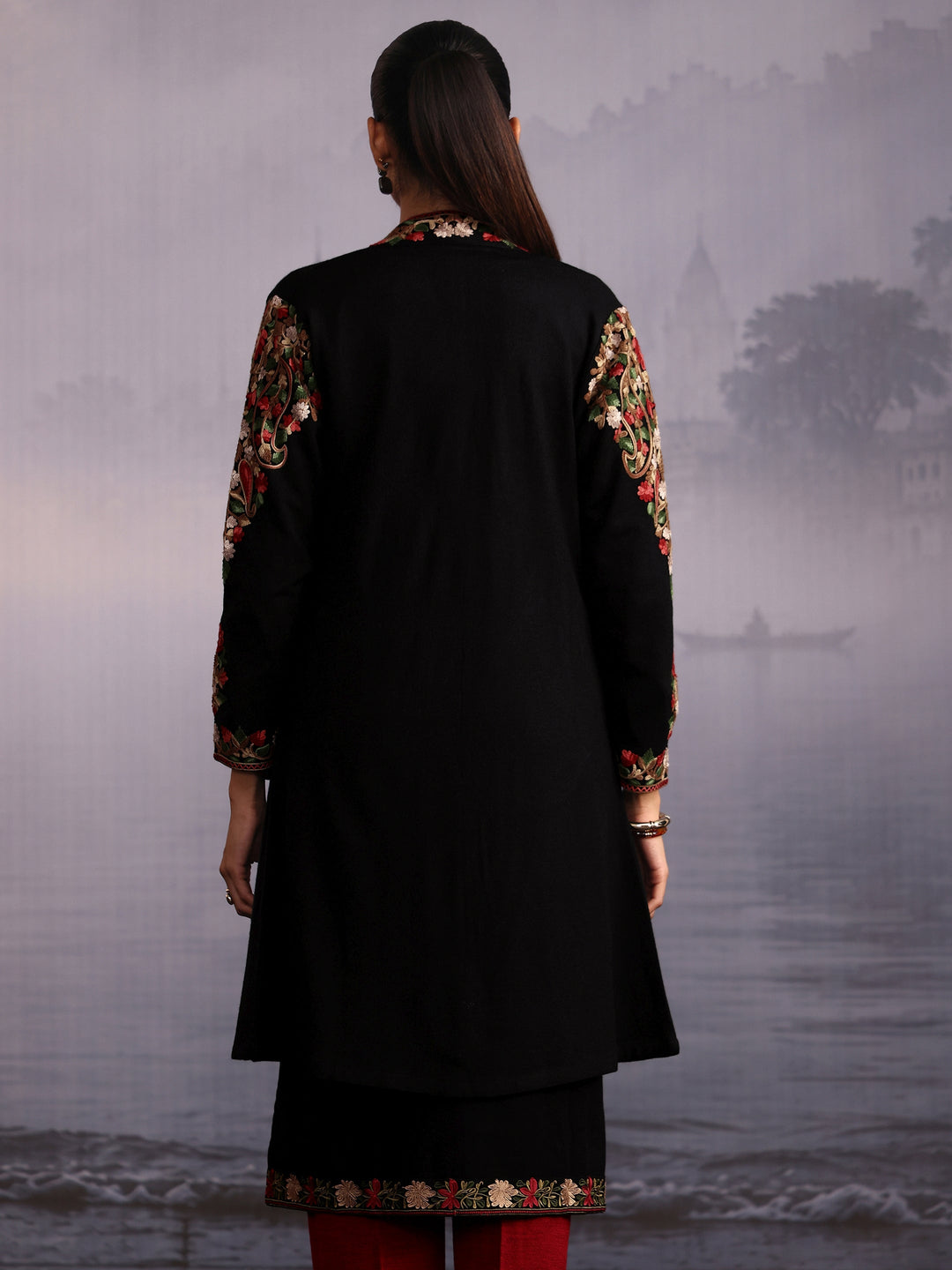 Libas Black Floral Embroidered Woolen Shrug with Pockets