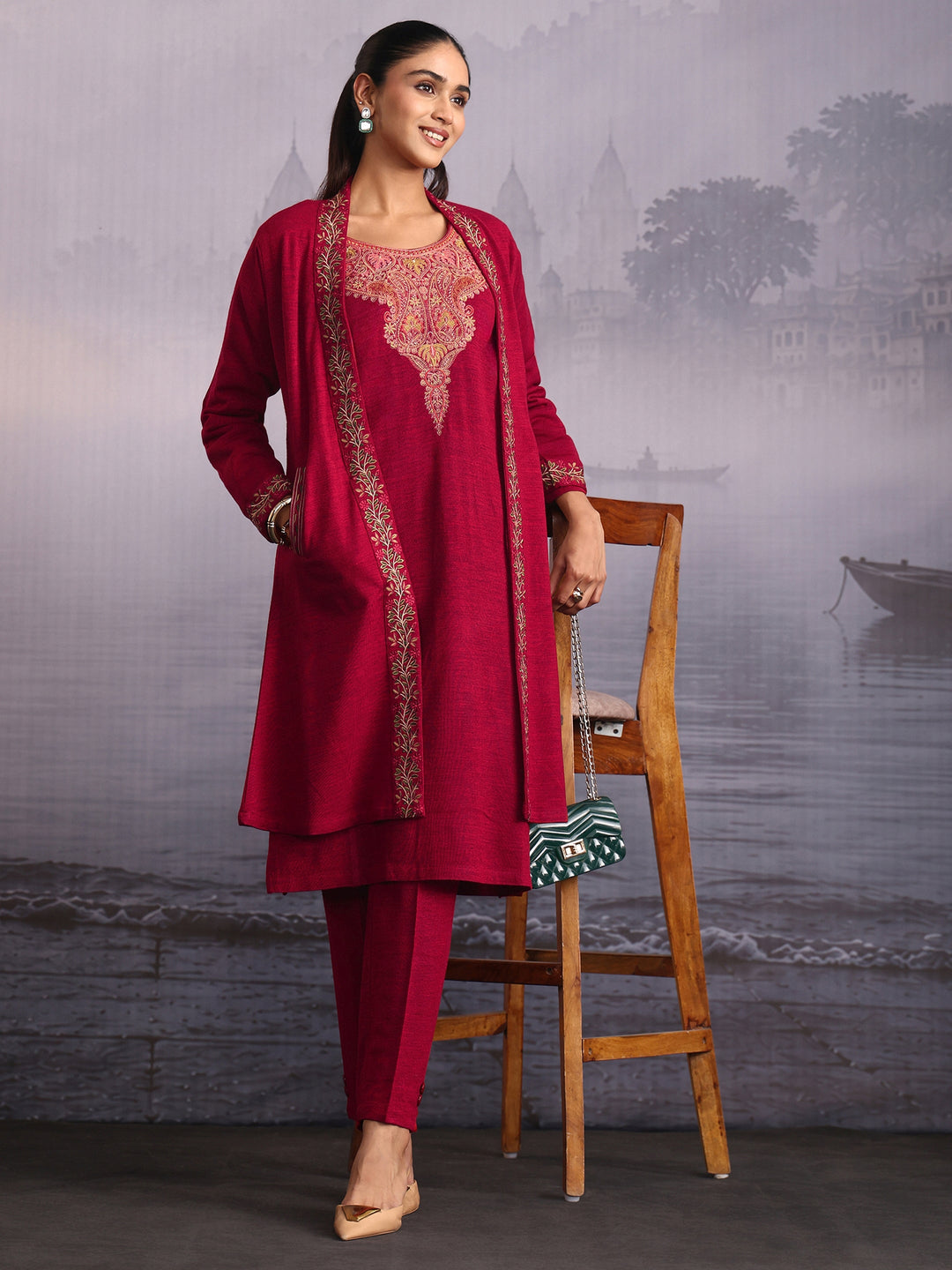 Libas Ruby Red Floral Embroidered Woolen Shrug with Pockets