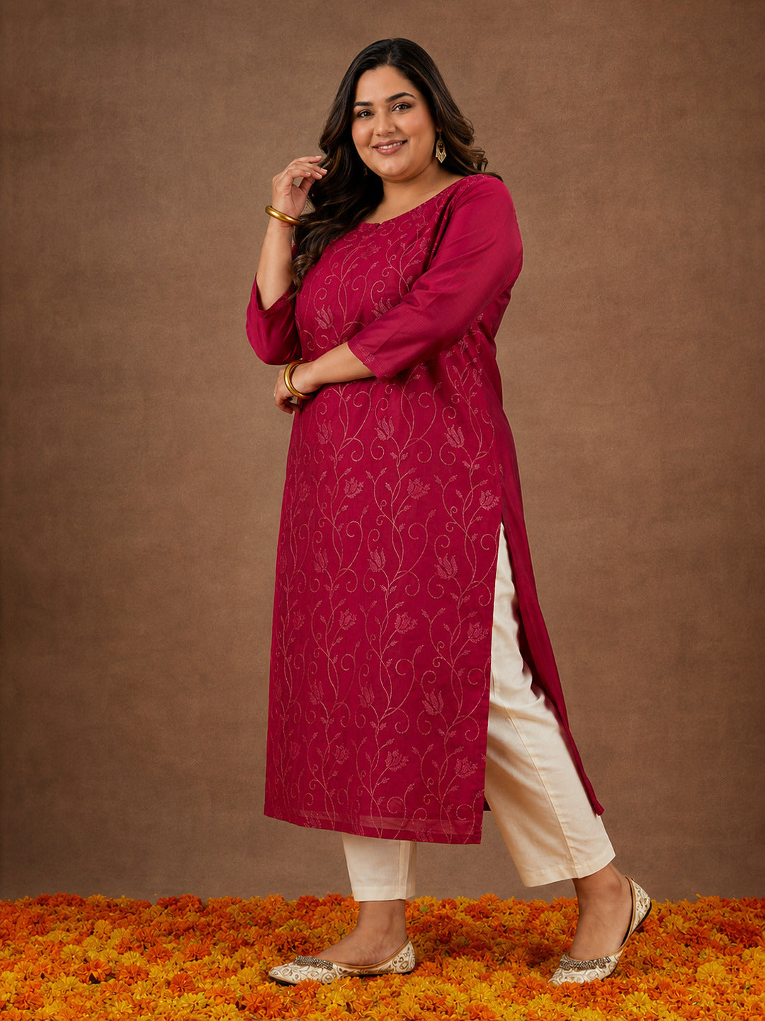 Plus Size Hot Pink Embroidered Chanderi Silk Straight Kurta