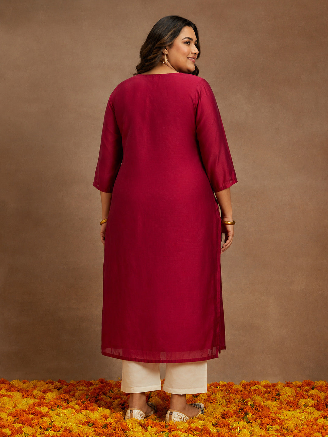 Plus Size Hot Pink Embroidered Chanderi Silk Straight Kurta