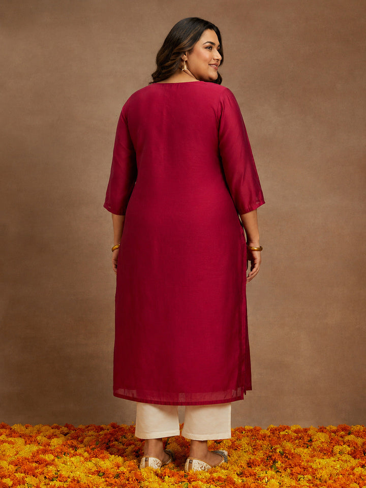 Plus Size Hot Pink Embroidered Chanderi Silk Straight Kurta