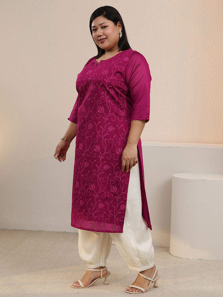 Plus Size Hot Pink Embroidered Chanderi Silk Straight Kurta