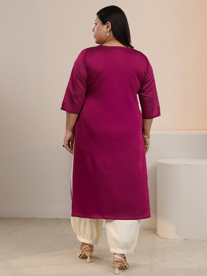 Plus Size Hot Pink Embroidered Chanderi Silk Straight Kurta