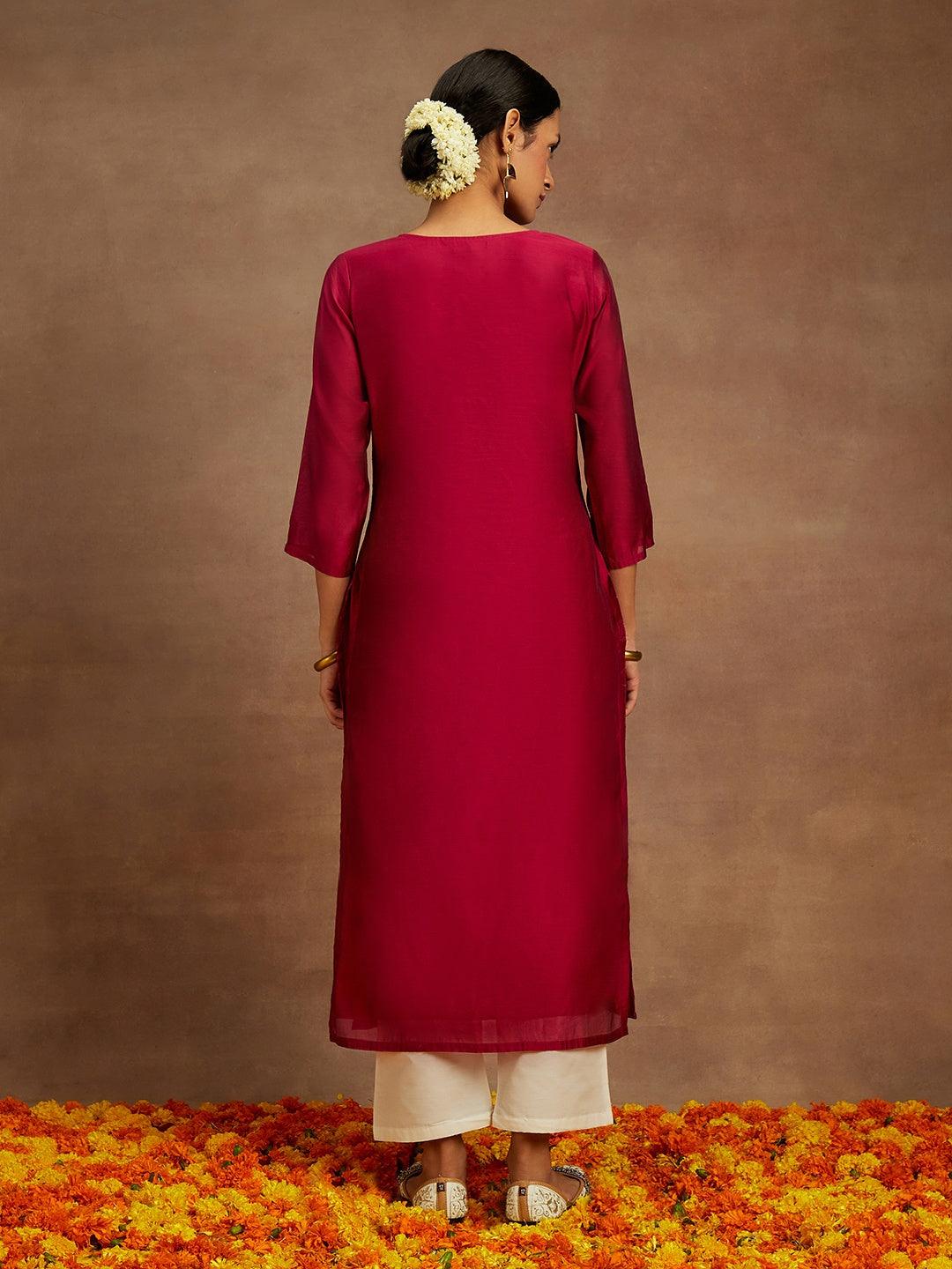 Hot Pink Embroidered Chanderi Silk Straight Kurta - ShopLibas 