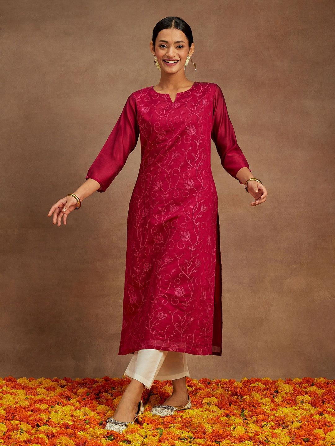 Hot Pink Embroidered Chanderi Silk Straight Kurta - ShopLibas 