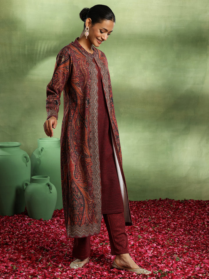 Maroon Printed Wool Straight Kurta