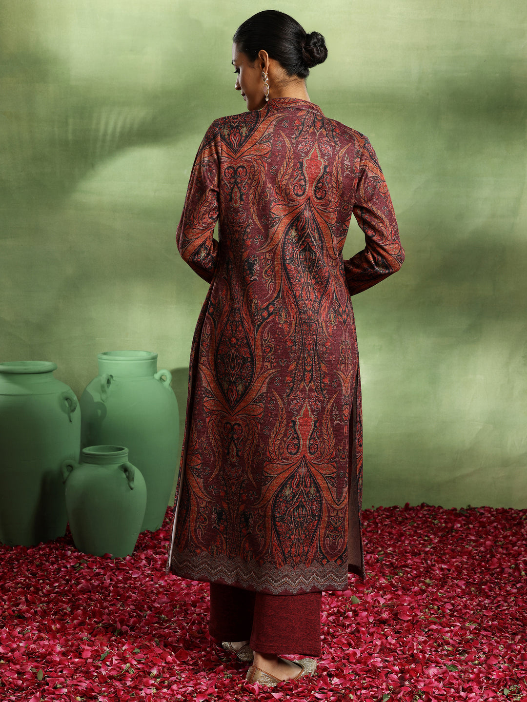 Maroon Printed Wool Straight Kurta
