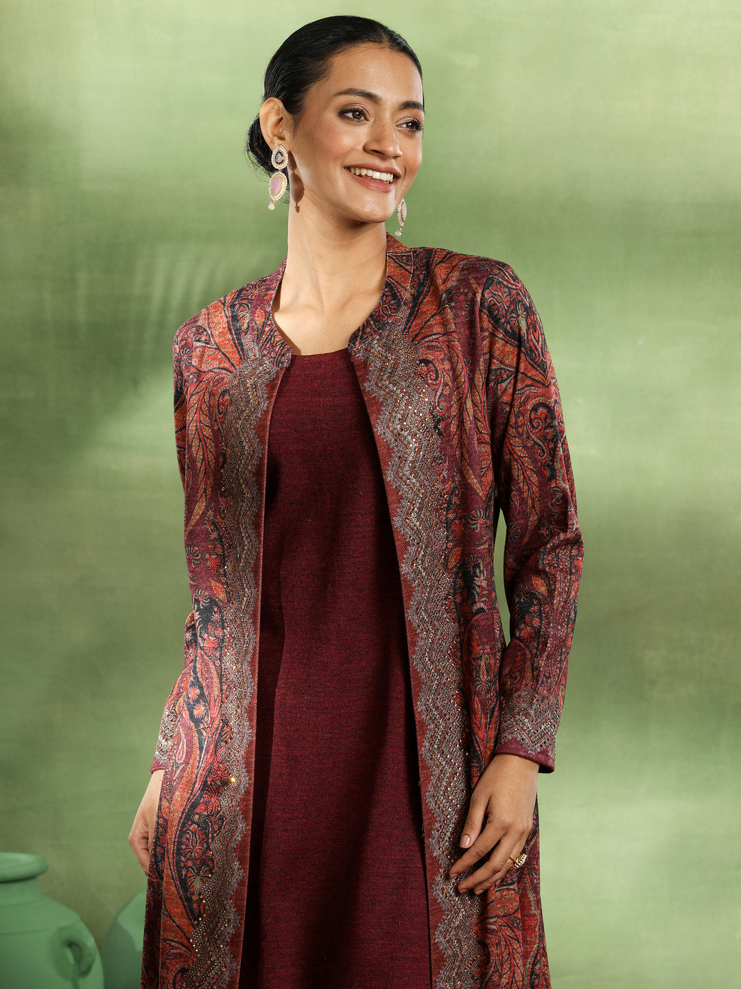 Maroon Printed Wool Straight Kurta