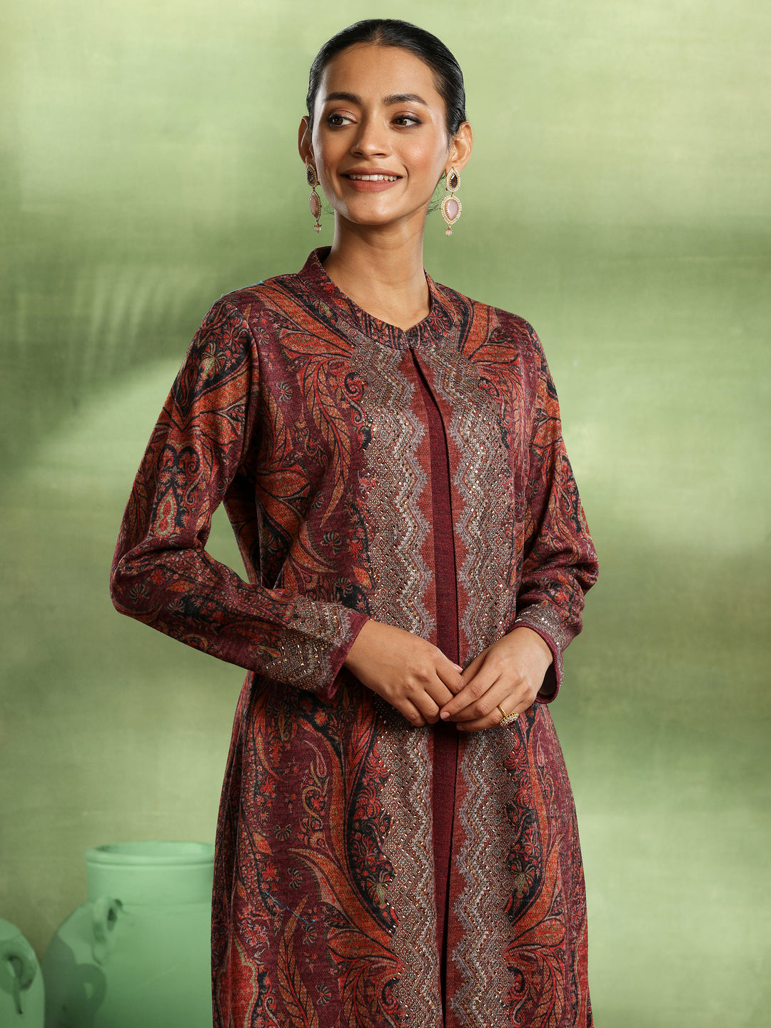 Maroon Printed Wool Straight Kurta