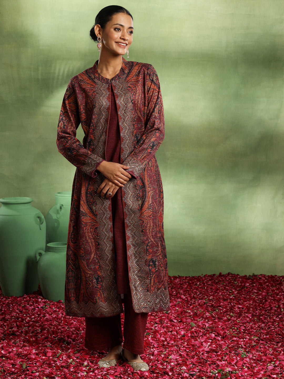 Maroon Printed Wool Straight Kurta
