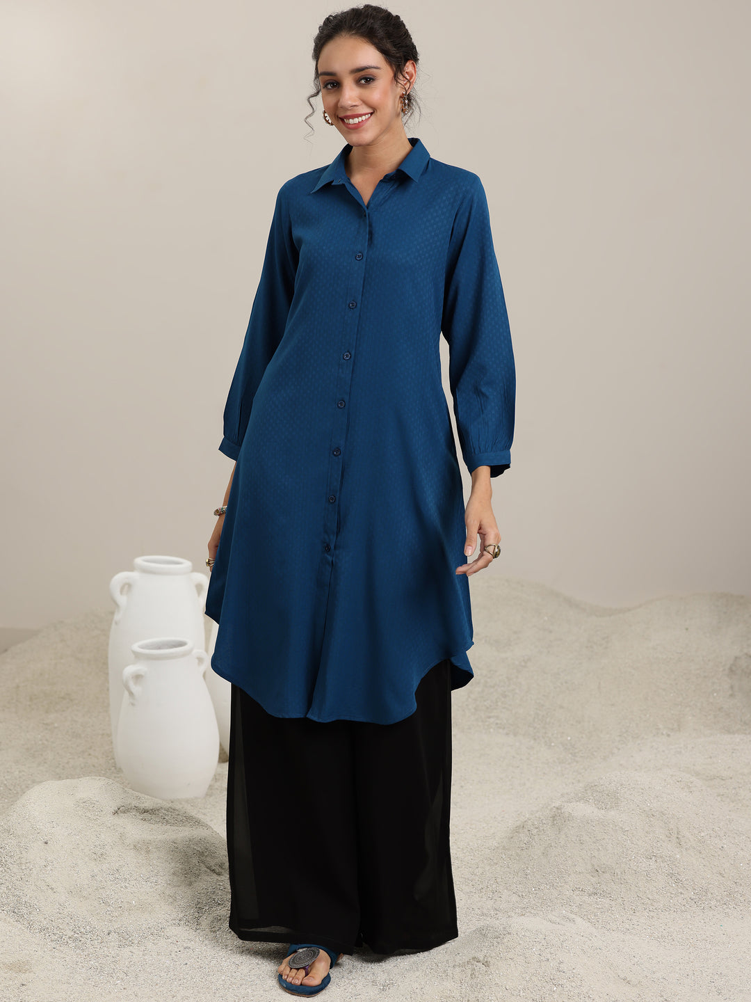 Teal Woven Design Cotton Blend Straight Kurti