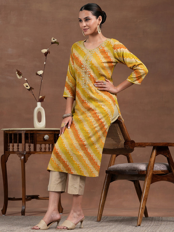 Mustard Printed Rayon Straight Kurta