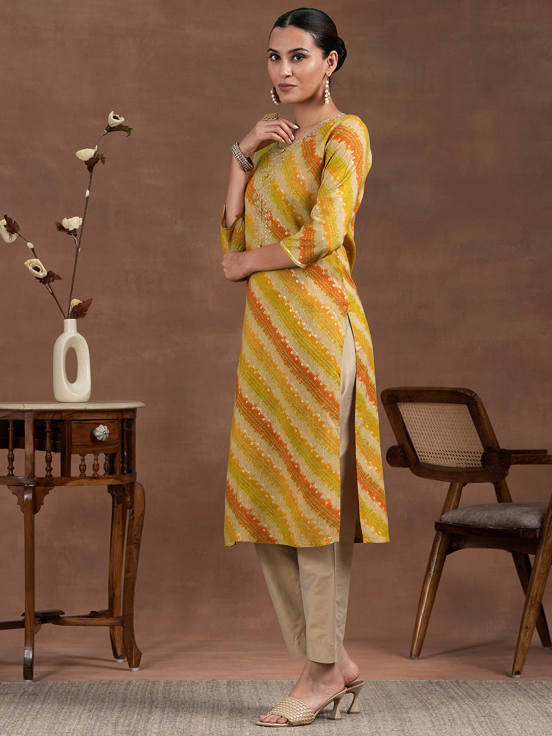 Mustard Printed Rayon Straight Kurta