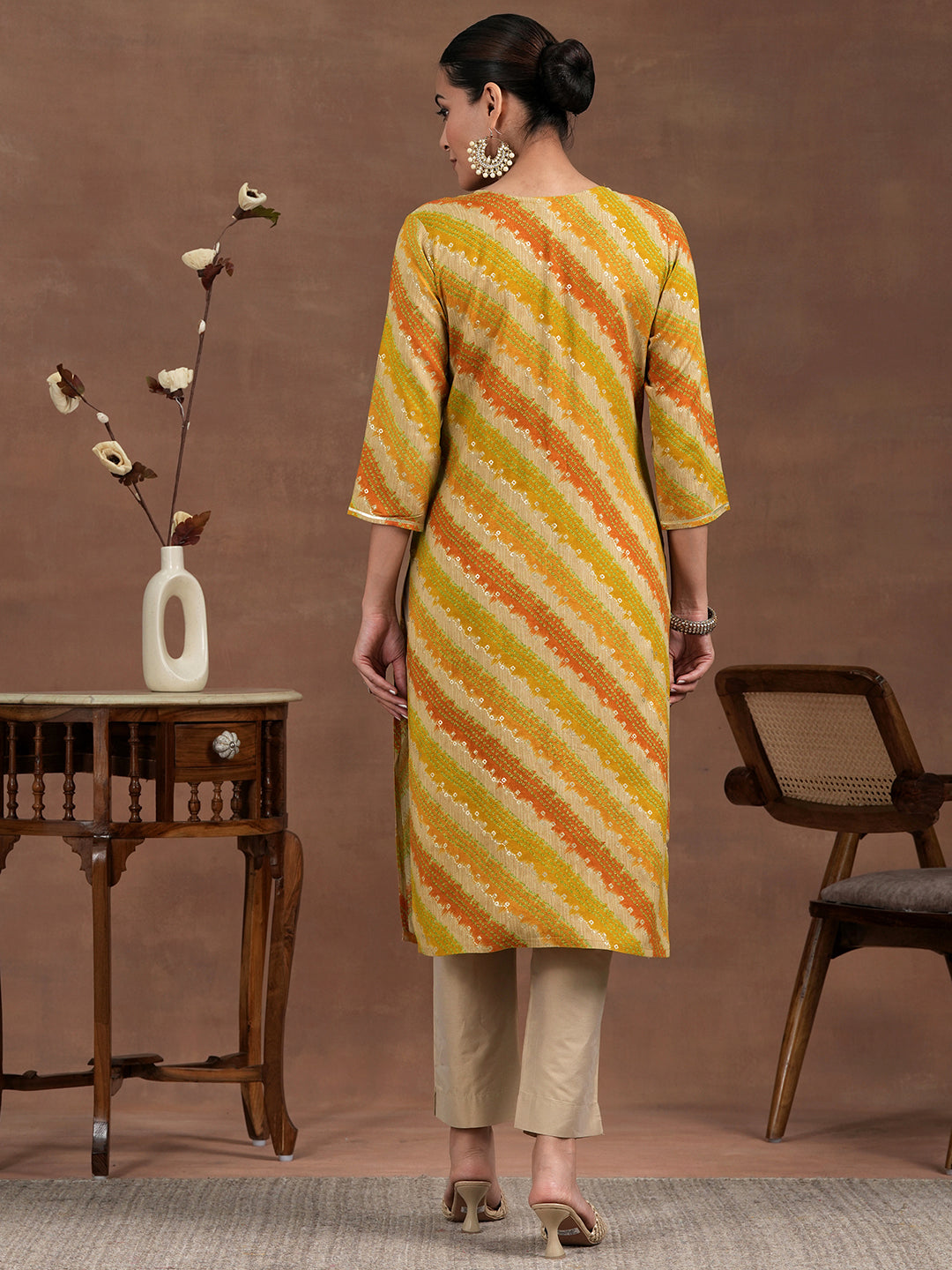 Mustard Printed Rayon Straight Kurta