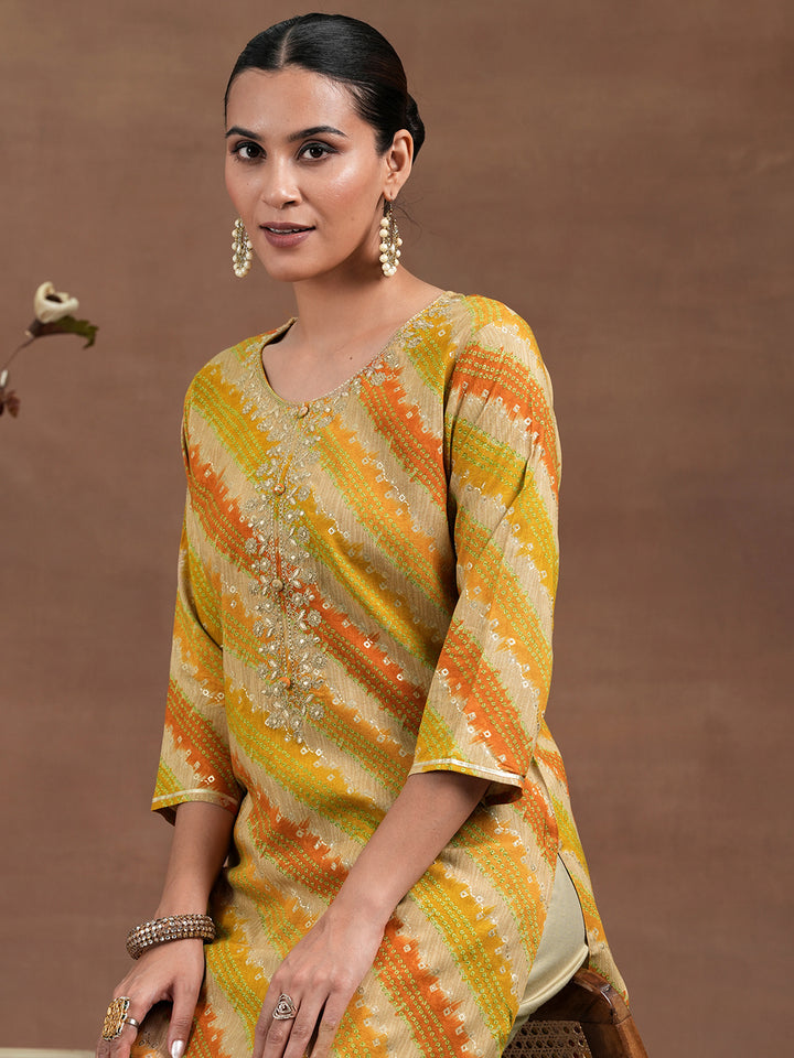 Mustard Printed Rayon Straight Kurta