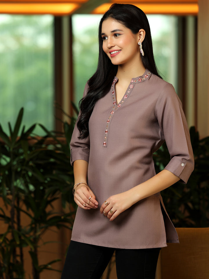 Mauve Solid Cotton Blend Straight Kurti