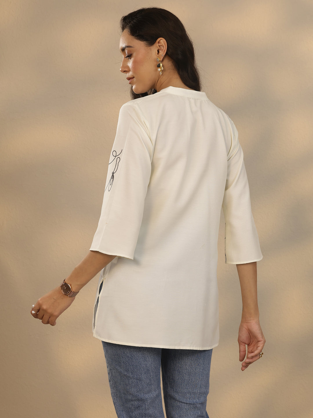 White Printed Rayon Straight Short Kurti
