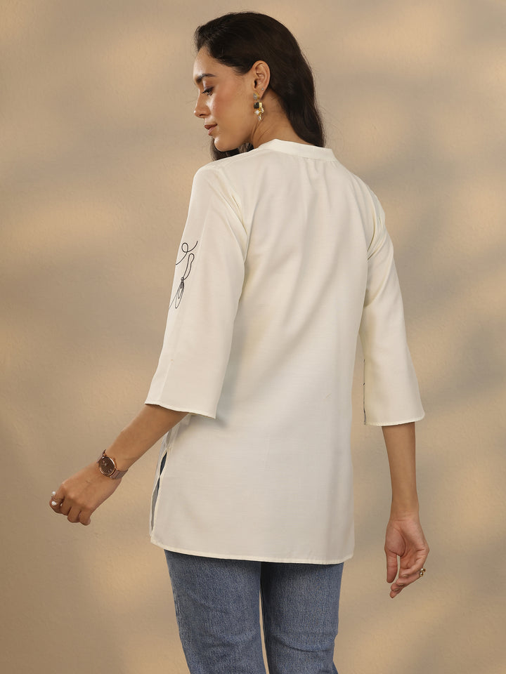 White Printed Rayon Straight Short Kurti