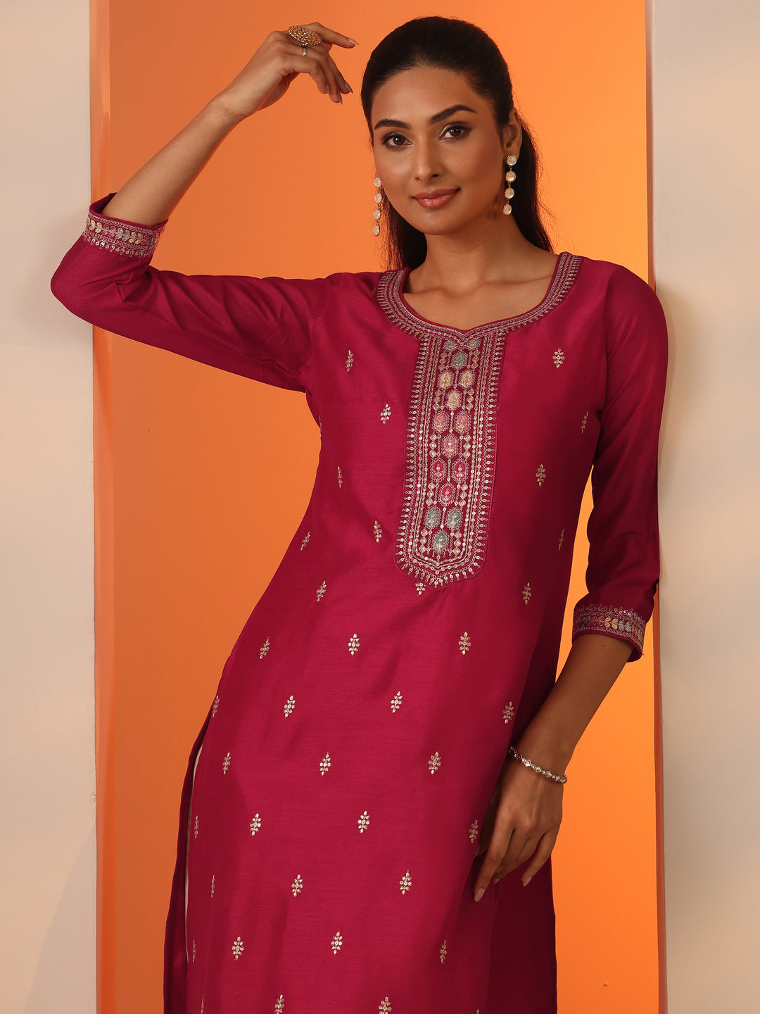 Pink Embroidered Silk Blend Straight Kurta