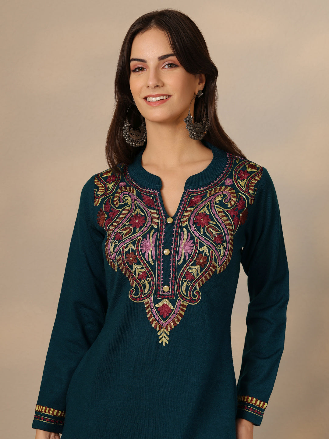 Teal Yoke Design Wool Straight Kurta
