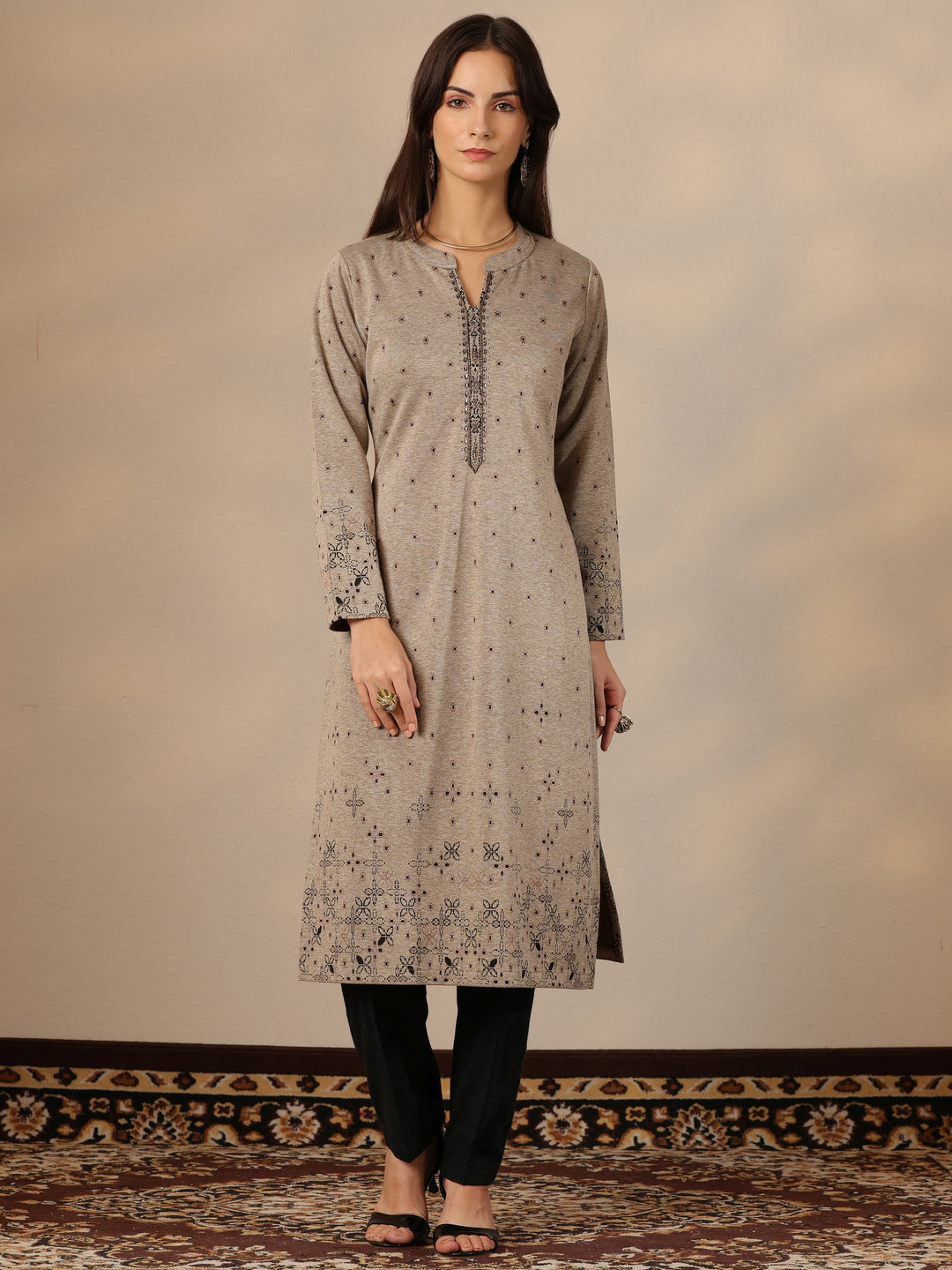 Grey Woven Design Wool Straight Kurta