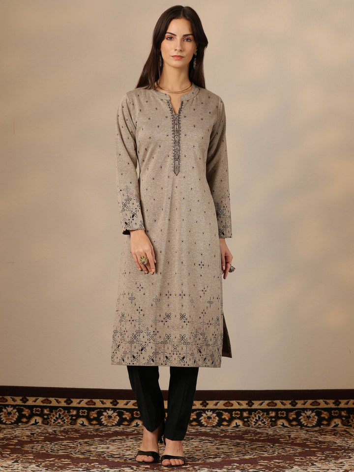 Grey Woven Design Wool Straight Kurta