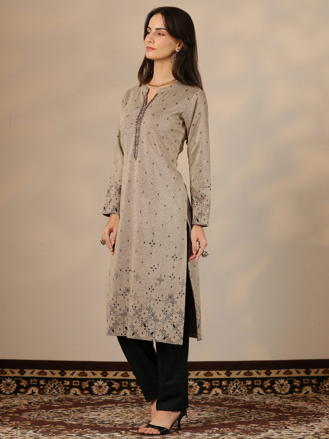 Grey Woven Design Wool Straight Kurta