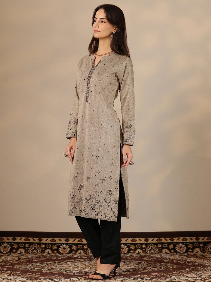 Grey Woven Design Wool Straight Kurta