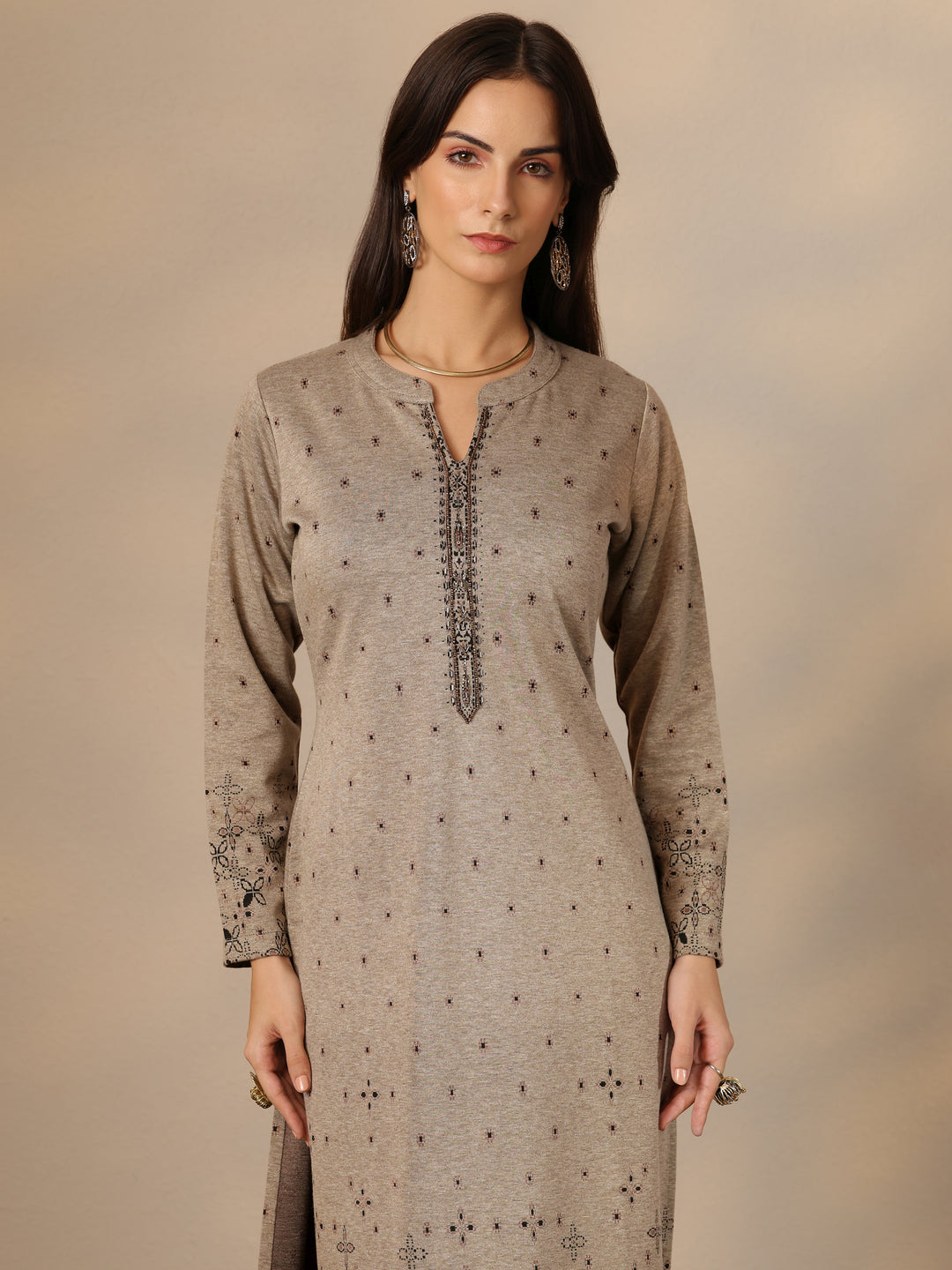 Grey Woven Design Wool Straight Kurta
