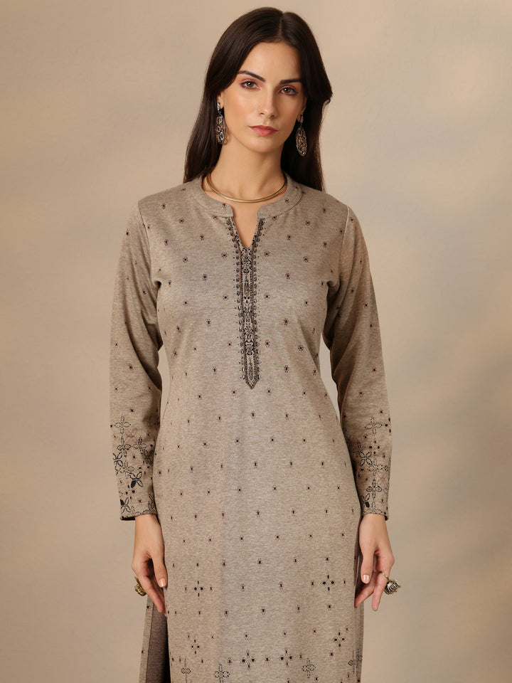 Grey Woven Design Wool Straight Kurta