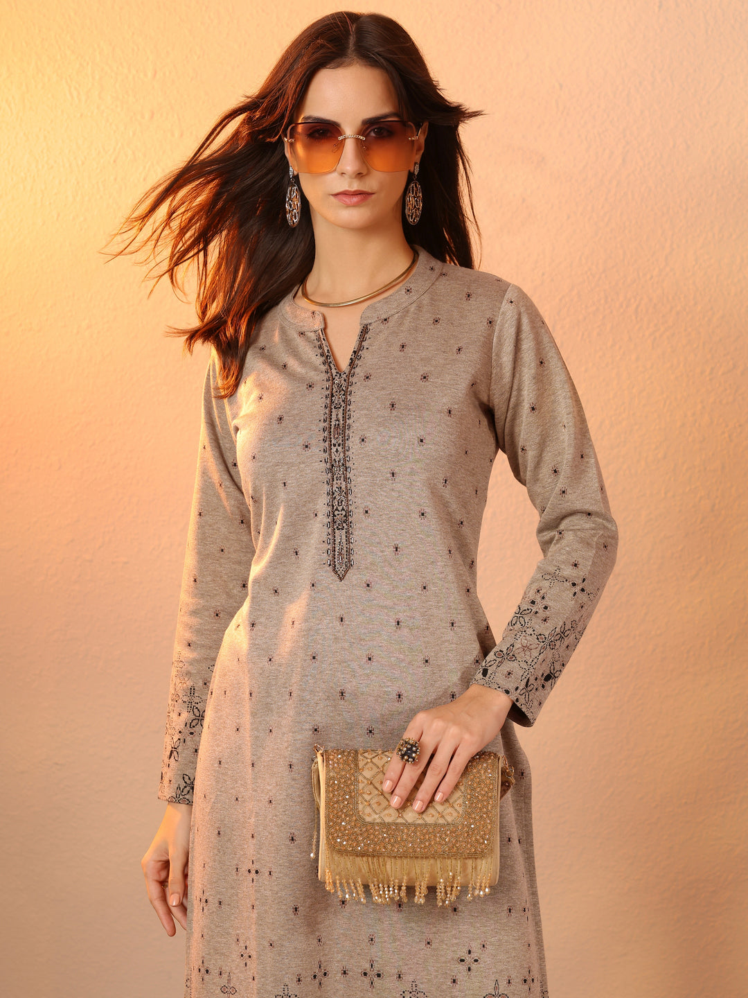 Grey Woven Design Wool Straight Kurta