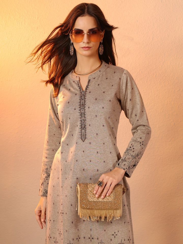 Grey Woven Design Wool Straight Kurta